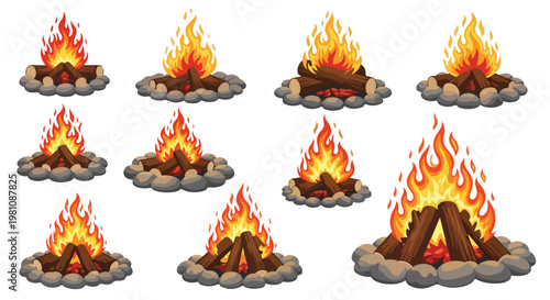 Set of 9 Cartoon Campfire Vector Illustrations with Flaming Logs and Stones
