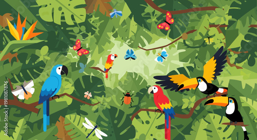 Tropical Paradise Illustration: A vibrant illustration showcasing the lush beauty of a tropical rainforest, filled with colorful parrots, butterflies, and diverse foliage.