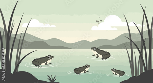 Tranquil Frogs' Gathering: A serene scene unfolds, showcasing a gathering of frogs gracefully floating in a tranquil pond, embraced by the beauty of nature. 
