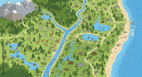 Scenic Wilderness Illustrated Map: An illustrated map showcases a thriving wilderness, highlighting diverse ecosystems with mountains, rivers, lakes, forests, and beaches.