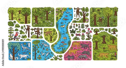 Vibrant Eco-Mosaic: A colorful mosaic showcasing diverse flora and fauna, depicting a thriving ecosystem teeming with life and natural wonders.