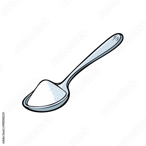 Illustration of a silver spoon holding a pile of granulated white sugar
