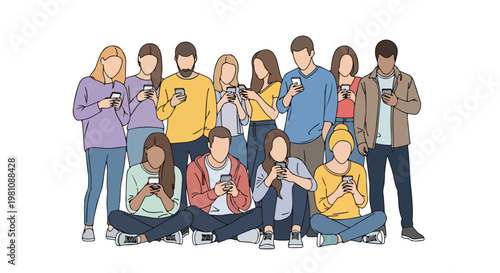 Diverse Group of Young Adults Using Smartphones Illustration