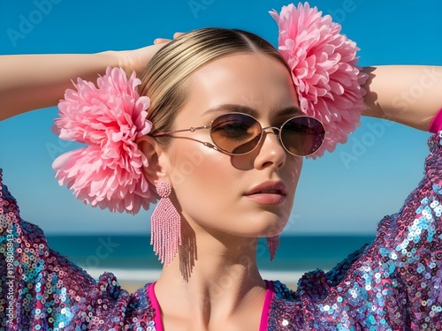 A stylish young woman with pink flowers in her hair and sunglasses poses at the beach, radiating a vibrant and joyful summer mood.