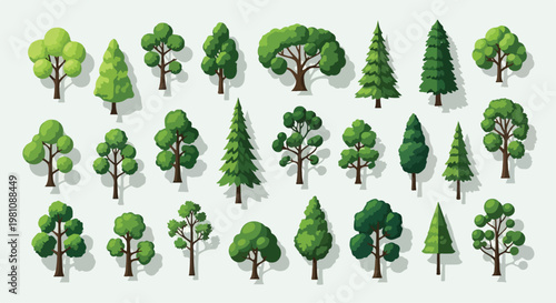 Set of 27 Green Tree Vector Illustrations Flat Design