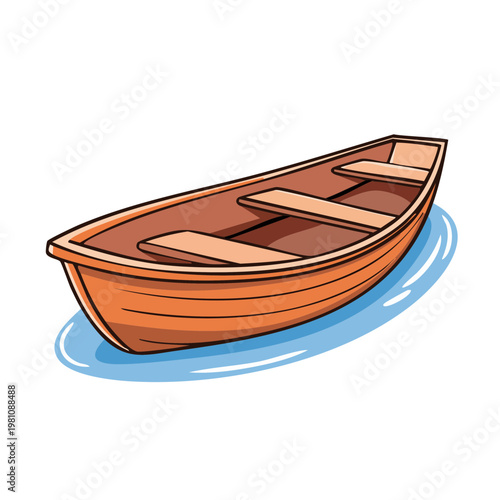 Simple wooden rowboat floating on calm blue water with clean illustration style