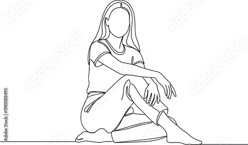 Continuous Line Art Sitting Woman – Relaxed Female Full Body Pose, Minimal Lifestyle One Line Drawing Vector Illustration