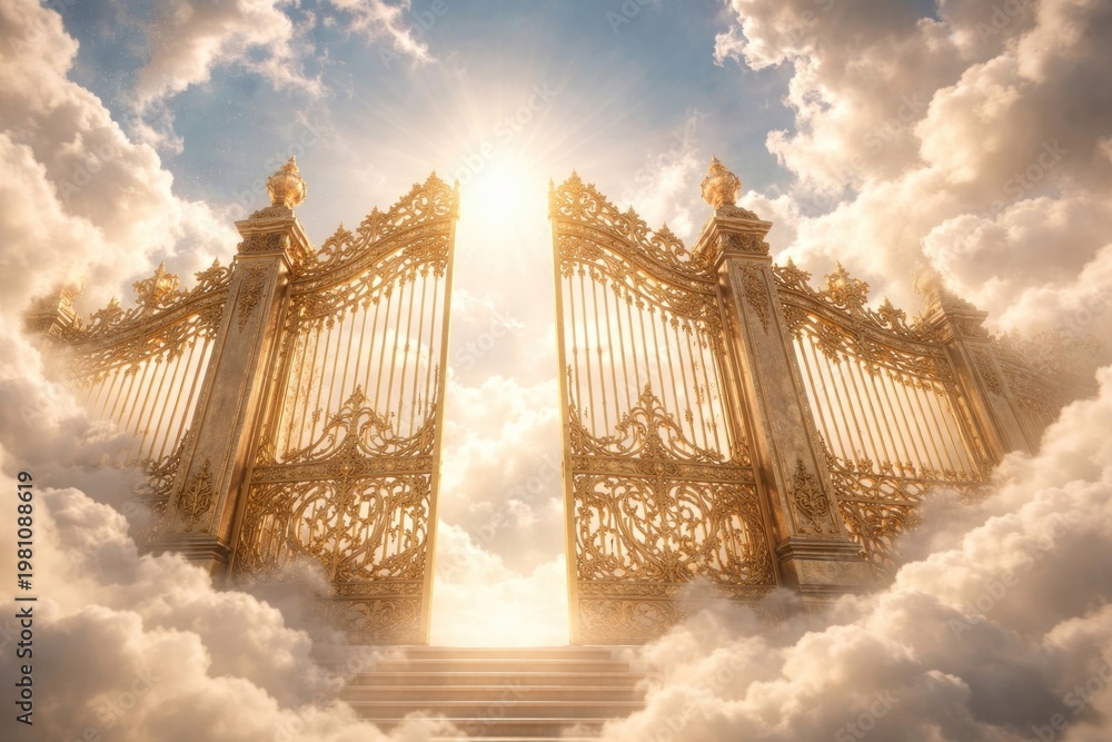 Fototapeta premium Heavenly golden gates amidst clouds.