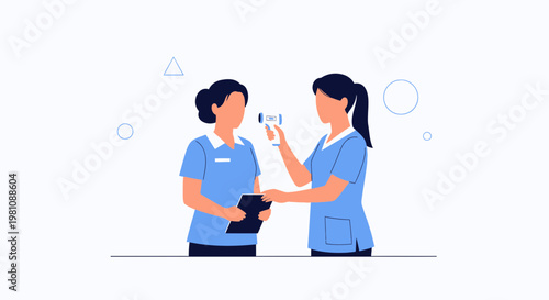 Nurses taking temperature with infrared thermometer, medical checkup, health screening