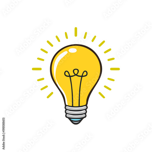 Cartoon light bulb glowing brightly with radiating light beams symbolizing inspiration and ideas