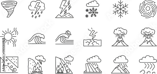 A comprehensive vector illustration showcasing various natural disaster, climate change, and extreme weather condition outline icons for modern graphic design projects.