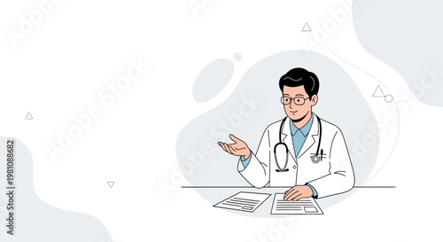 Doctor sitting at desk with documents, explaining medical information