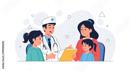 Doctor Consults With Family: Mother and Two Children at Medical Check-up