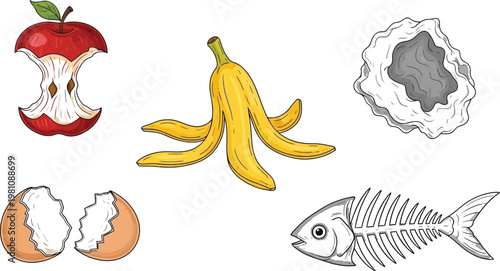 Collection of organic waste items featuring a red apple core banana peel cracked eggshell oyster shell and a fish skeleton in a colorful vector graphic design