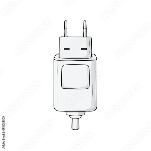 Hand drawn illustration of a modern white electrical power adapter with prongs