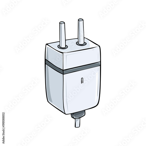 Illustration of a modern white electrical power adapter with two prongs for charging devices