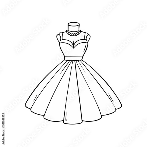 Elegant vintage style dress with full skirt and pearl necklace displayed on mannequin vector illustration
