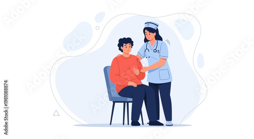 Nurse comforting patient, medical checkup, healthcare, empathy, support, doctor visit, illustration