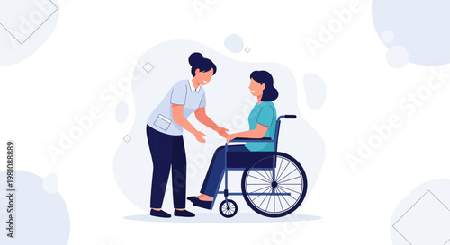 Nurse helping patient in wheelchair, medical assistance, healthcare concept illustration