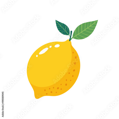 Bright yellow citrus fruit with two green leaves on white background