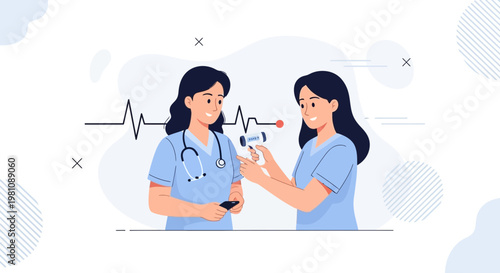 Nurses taking patient temperature with digital thermometer and stethoscope, medical concept