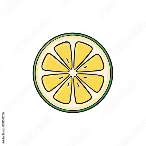 Close up of a juicy yellow lime slice with green rind and segments in cartoon style
