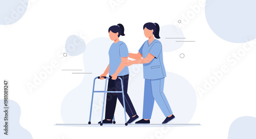 Nurse assisting patient with walker, rehabilitation, physical therapy, healthcare concept