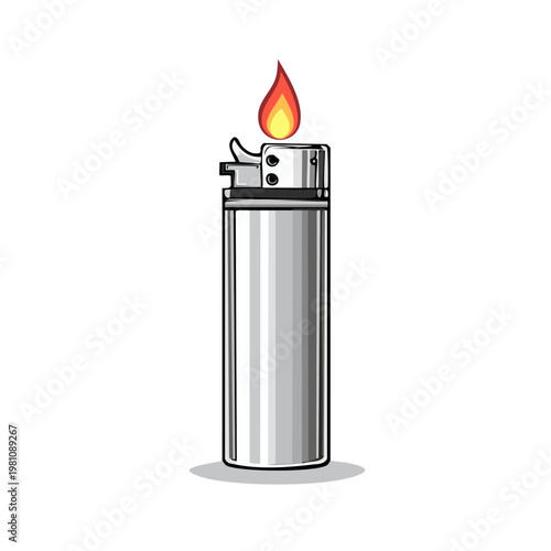 Silver disposable lighter with a bright orange flame burning from the top