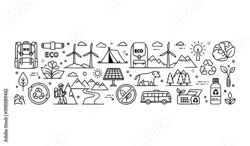 Eco friendly tourism line icon banner with sustainable travel nature energy and outdoor adventure symbols in minimalist style