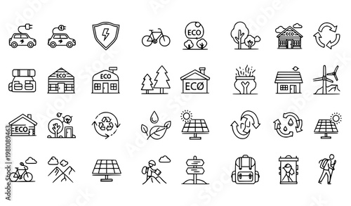 Eco tourism and sustainable travel icon set with grouped green transport energy conservation and outdoor activity symbols