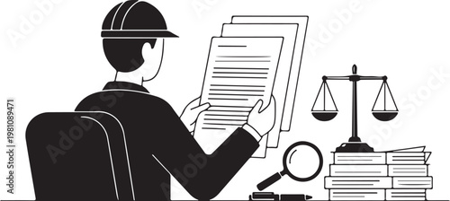 Man in hard hat reviewing documents at desk with scales