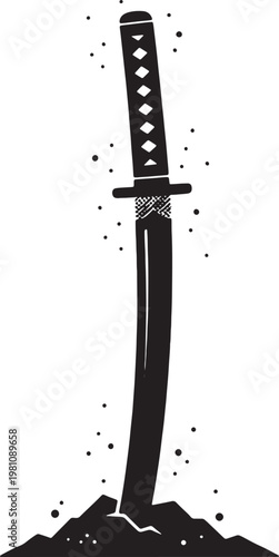 Striking traditional Japanese samurai katana sword illustration with handle detail stuck firmly in the ground