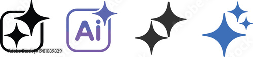 AI Generated Icon Set with Sparkle Star and Square Button, Artificial Intelligence Star Logo, Futuristic Technology Symbols in Modern Flat Design for Apps, UI, and Digital Interfaces