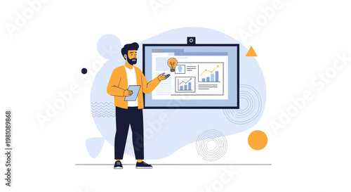 Man presenting business growth charts on a screen, idea bulb icon