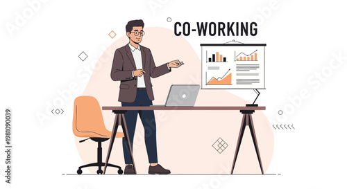 Man presenting co-working business growth chart on screen in modern office