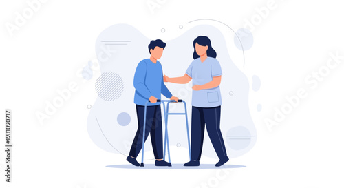 Caregiver assisting elderly person with walker, rehabilitation, support, healthcare concept