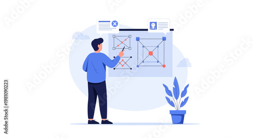 Man presenting geometric diagrams on a whiteboard, business strategy and planning concept
