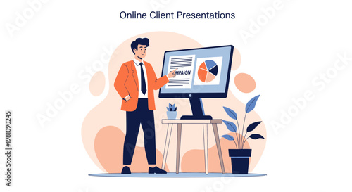 Man presenting online client presentation with charts and graphs on computer screen