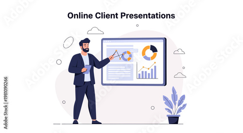 Man presenting online client presentation with charts and graphs on screen