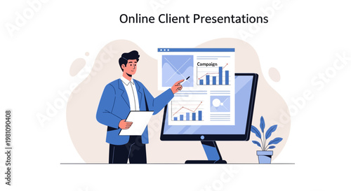 Man presenting online client presentation with charts on computer screen