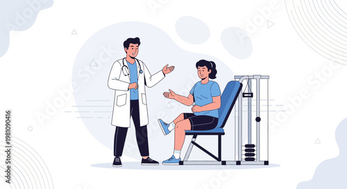 Doctor consults patient on exercise machine for rehabilitation and physical therapy