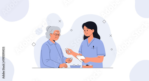 Nurse giving medication to elderly woman, healthcare concept illustration