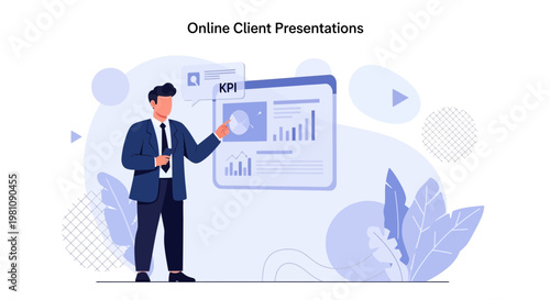 Man presenting online client presentation with KPI data on screen