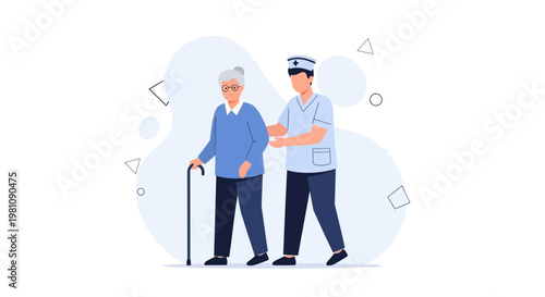 Nurse Assisting Elderly Woman with Cane, Healthcare Support, Senior Care, Medical Help