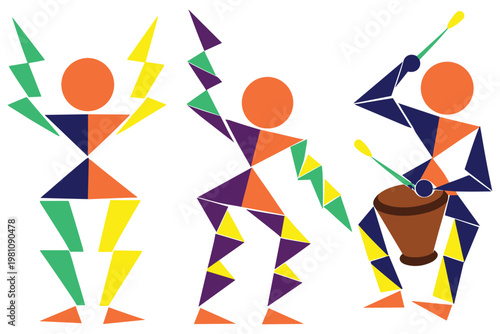 African dancers and drummer stylized geometric shapes dynamic festive music celebration.