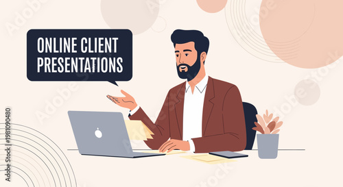 Man presenting online client presentations on laptop, remote work, business meeting