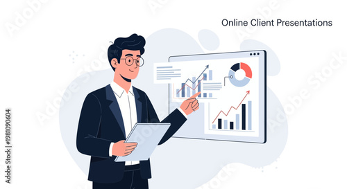 Man presenting online client presentations with charts and graphs on screen