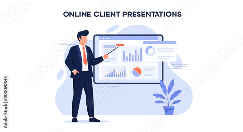 Man presenting online client presentations with charts on a tablet screen