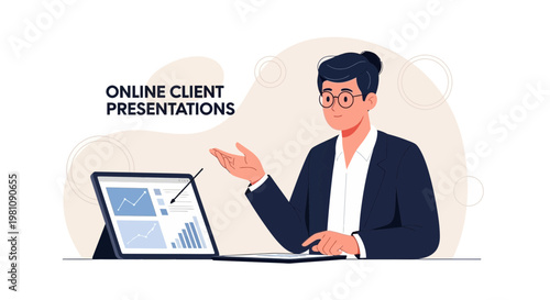 Man presenting online client report on tablet, business meeting, remote work concept