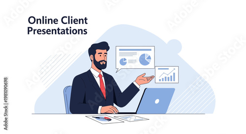 Man presenting online client report with charts on laptop, business meeting concept
